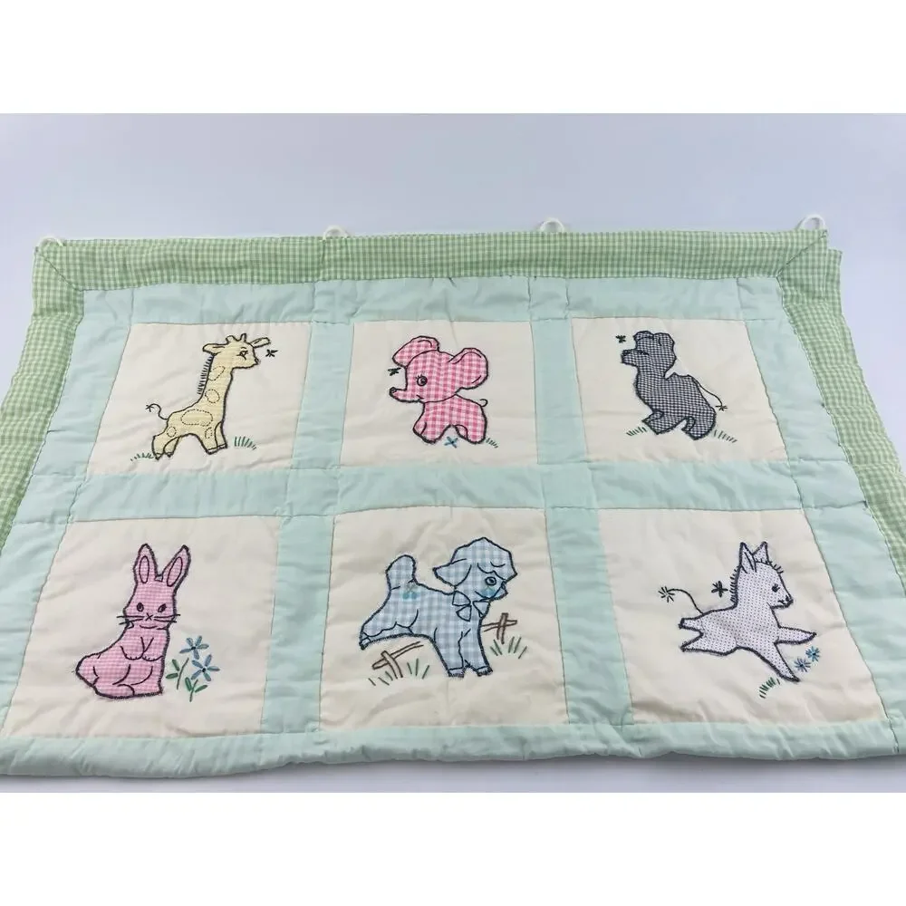 Vintage Hand Embroidered Applique Baby Quilt Blanket Wall Hanging Kitty Cat Lamb